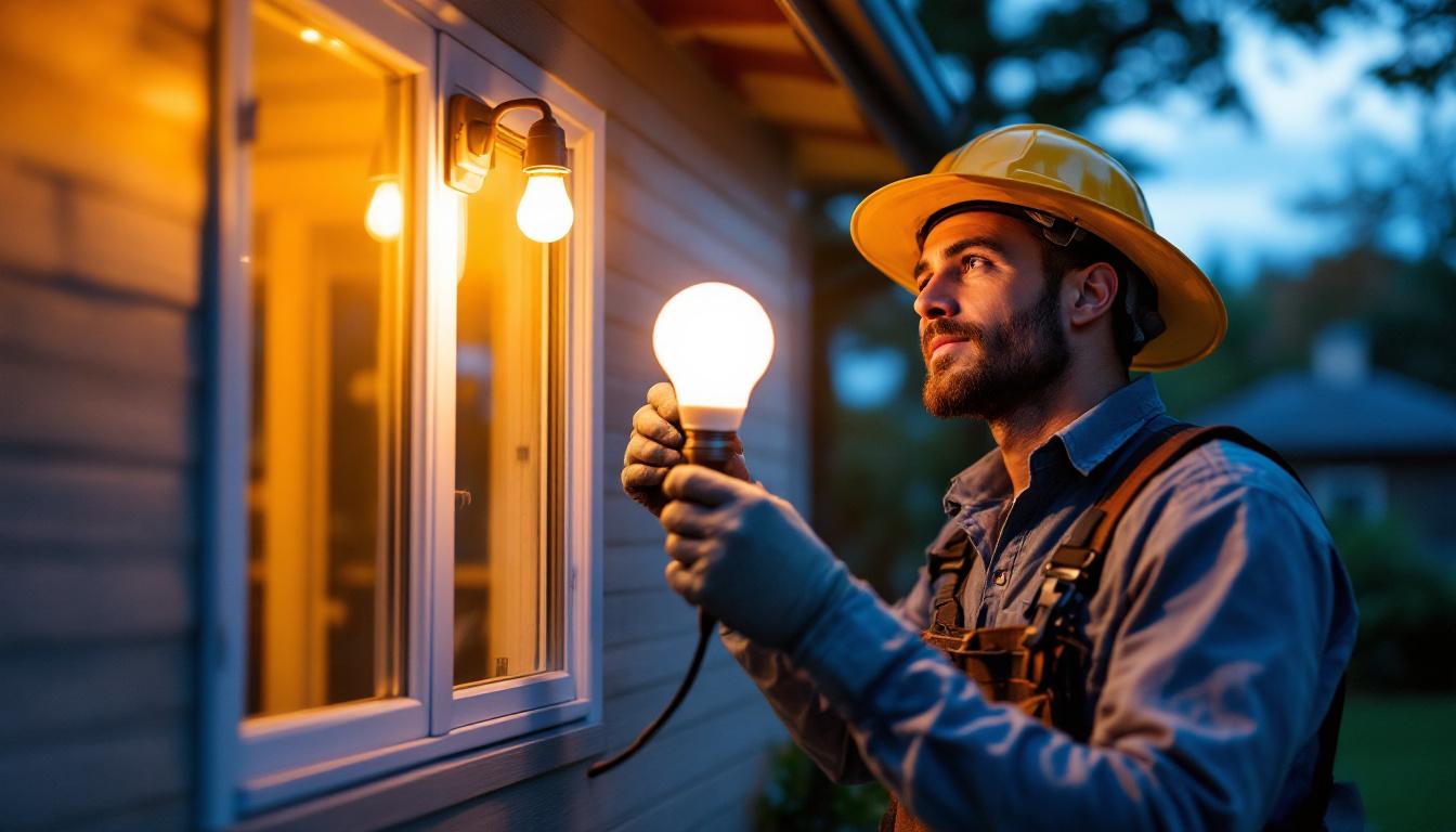 A photograph of a lighting contractor installing a dusk-to-dawn led bulb in a residential setting