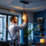A photograph of a skilled lighting contractor expertly installing hook hanging lights in a stylish residential or commercial space