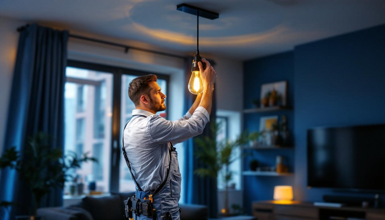 A photograph of a skilled lighting contractor expertly installing hook hanging lights in a stylish residential or commercial space