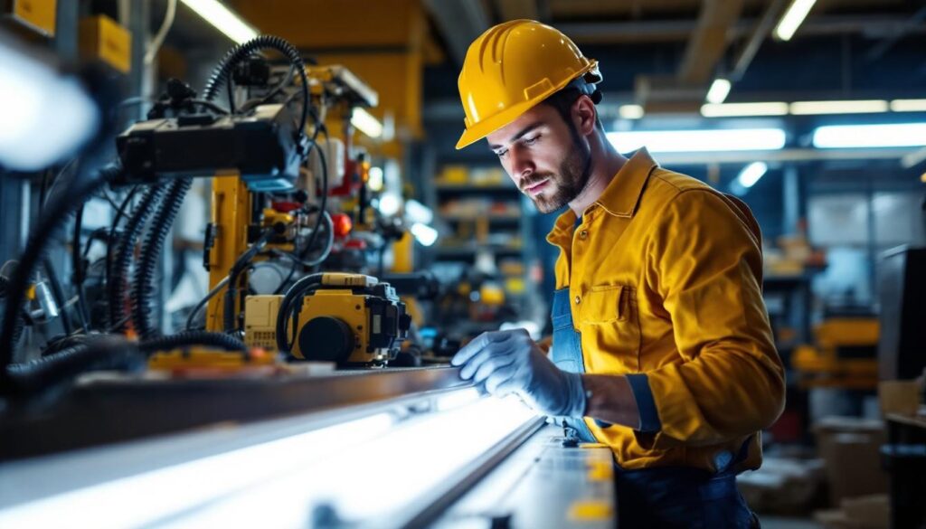 A photograph of a lighting contractor examining a fluorescent ballast in a commercial setting
