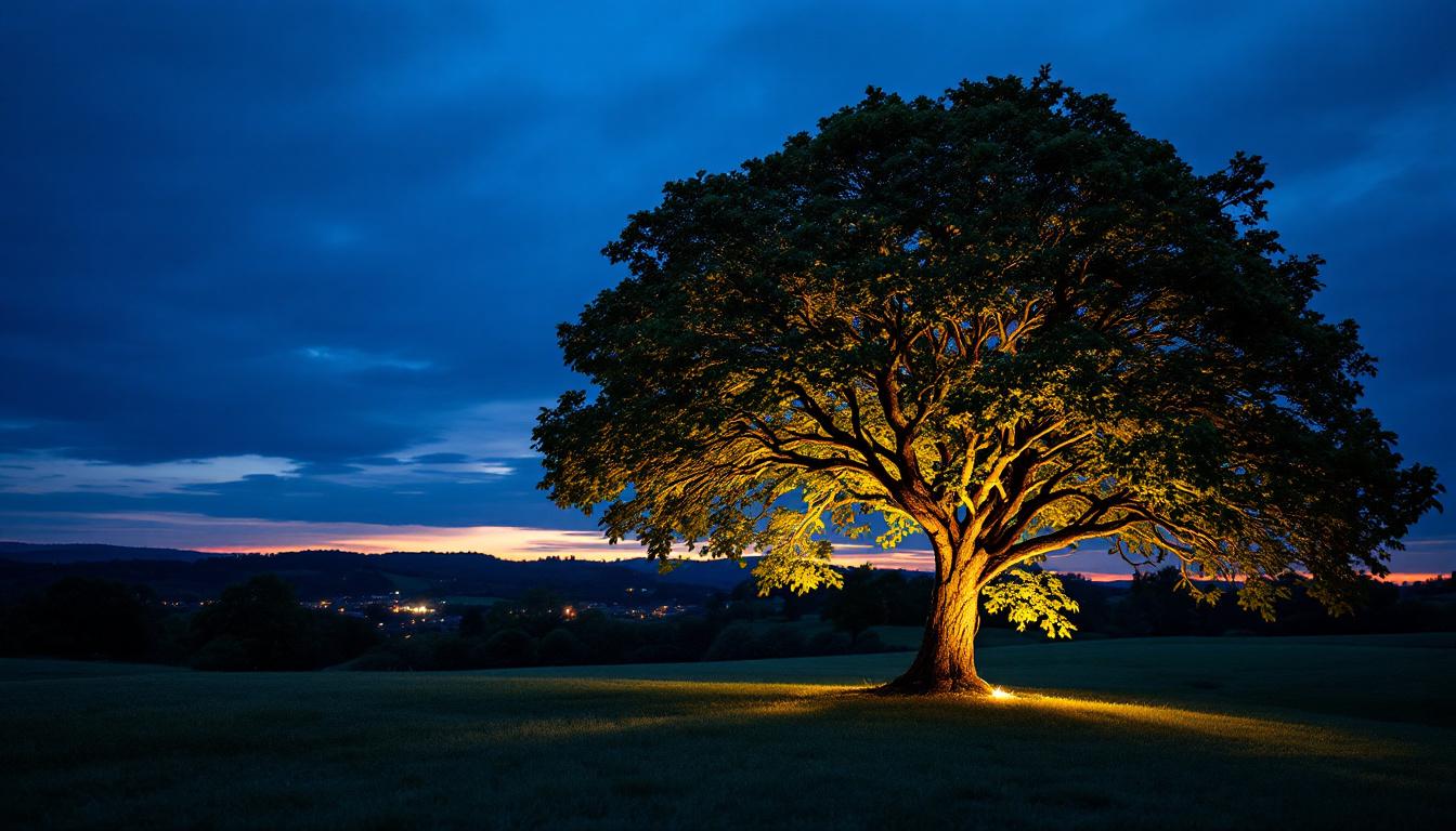 A photograph of a beautifully illuminated tree at dusk