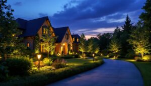 A photograph of a beautifully lit outdoor landscape at dusk