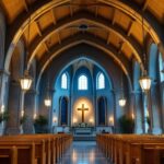 A photograph of a beautifully designed church interior showcasing elegant pendant lights illuminating the space