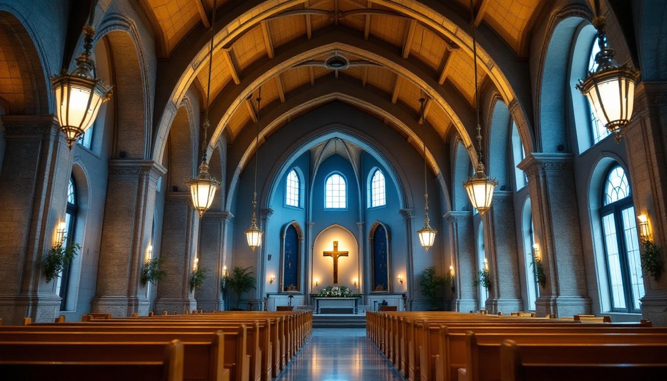 A photograph of a beautifully designed church interior showcasing elegant pendant lights illuminating the space