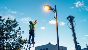 A photograph of a lighting contractor installing a 20-foot light pole in an urban or commercial setting