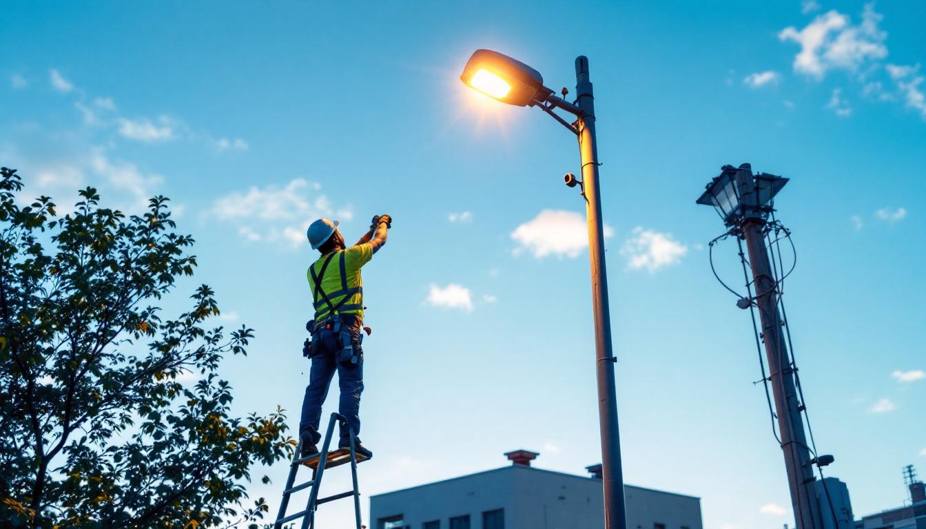 A photograph of a lighting contractor installing a 20-foot light pole in an urban or commercial setting