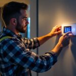 A photograph of a lighting contractor expertly installing a modern timer switch in a stylishly lit residential space