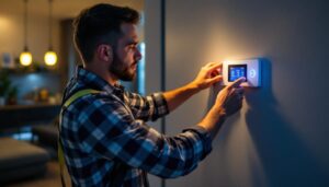 A photograph of a lighting contractor expertly installing a modern timer switch in a stylishly lit residential space