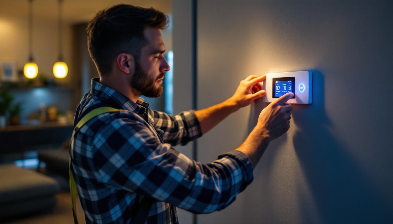 A photograph of a lighting contractor expertly installing a modern timer switch in a stylishly lit residential space