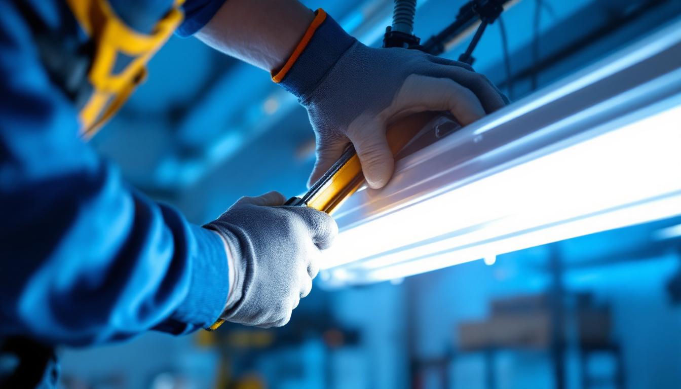 A photograph of a skilled lighting contractor replacing a fluorescent light ballast