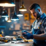 A photograph of a skilled lighting contractor at work