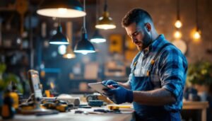 A photograph of a skilled lighting contractor at work