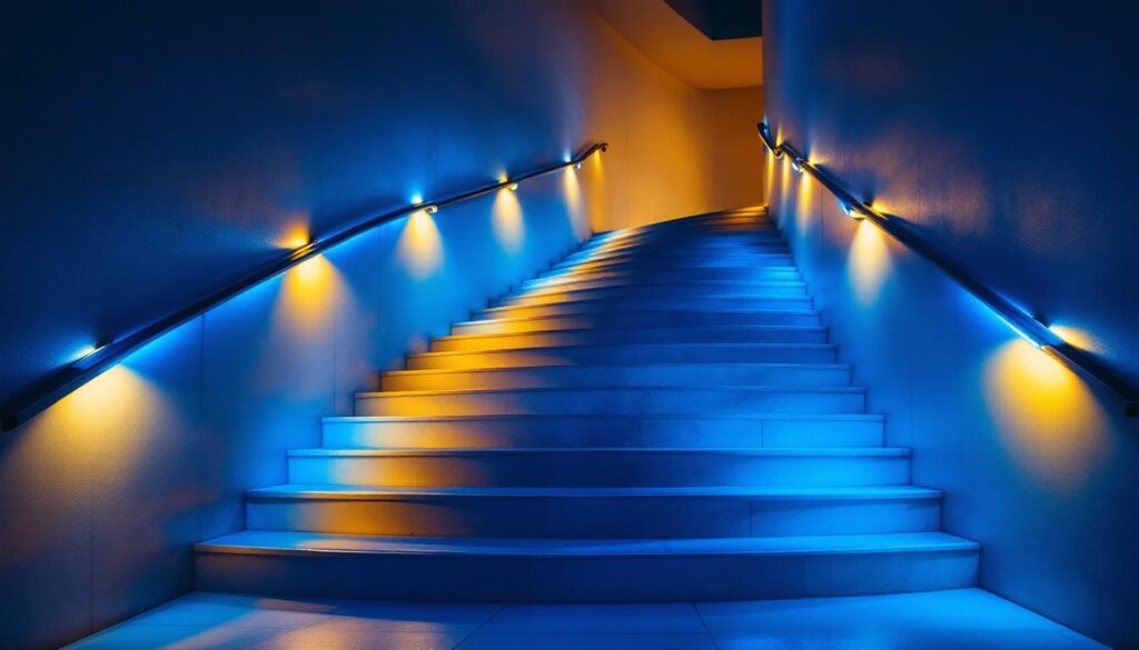 A photograph of a beautifully designed indoor staircase illuminated by stylish stairway lights
