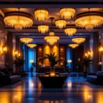 A photograph of a beautifully lit hotel lobby showcasing a variety of lighting fixtures