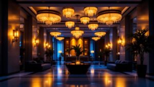 A photograph of a beautifully lit hotel lobby showcasing a variety of lighting fixtures