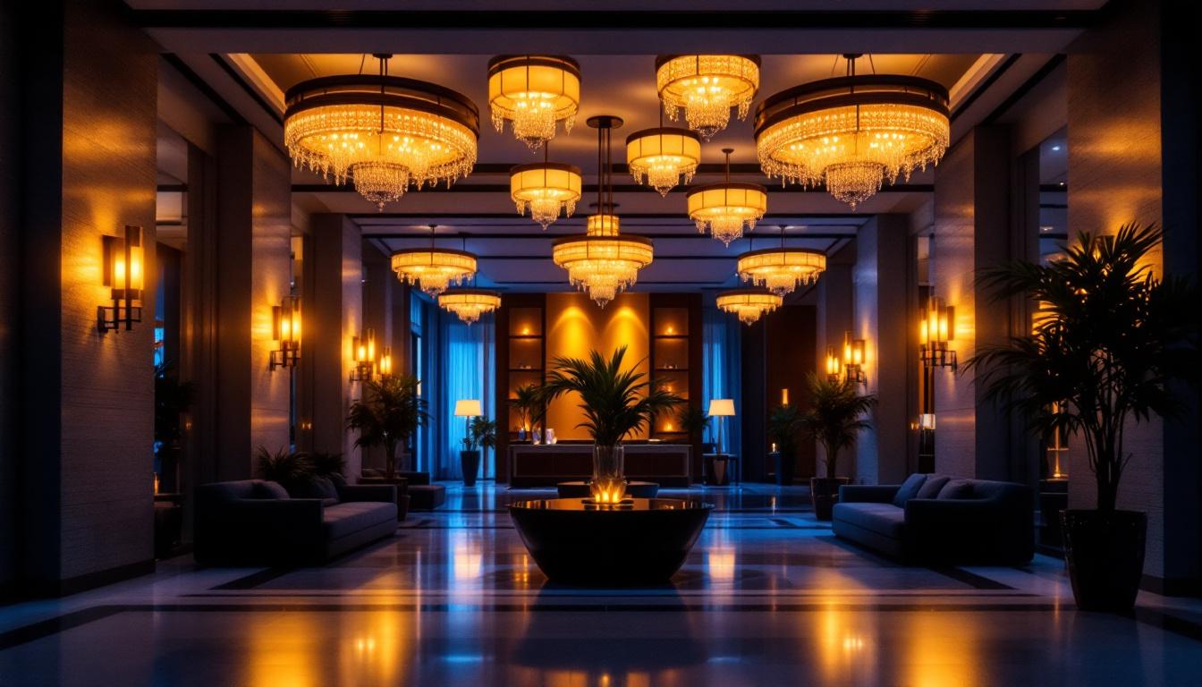 A photograph of a beautifully lit hotel lobby showcasing a variety of lighting fixtures
