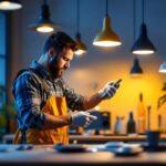 A photograph of a skilled lighting contractor installing or showcasing a variety of modern volt led lights in a well-lit