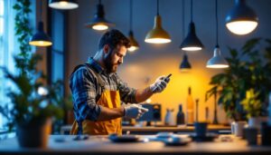 A photograph of a skilled lighting contractor installing or showcasing a variety of modern volt led lights in a well-lit