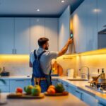 A photograph of a lighting contractor installing recessed cabinet lights in a modern kitchen