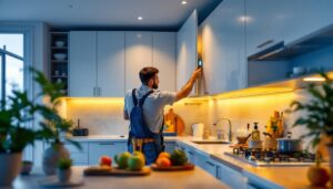 A photograph of a lighting contractor installing recessed cabinet lights in a modern kitchen