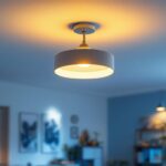 A photograph of a stylish ceiling mount lighting fixture in a well-decorated interior space