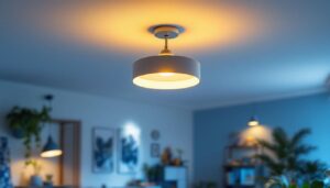 A photograph of a stylish ceiling mount lighting fixture in a well-decorated interior space