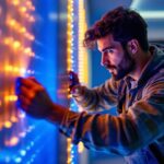 A photograph of a skilled lighting contractor installing vibrant led strip lights in a modern interior space