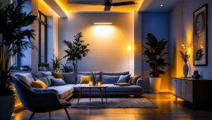 A photograph of a well-lit modern interior space featuring 6-inch led can lights