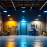 A photograph of a well-lit garage showcasing various lighting options