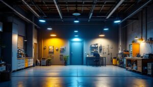 A photograph of a well-lit garage showcasing various lighting options