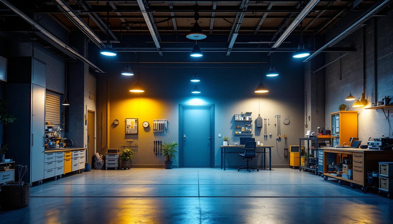 A photograph of a well-lit garage showcasing various lighting options
