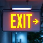 A photograph of a well-lit exit sign emergency light combo installed in a commercial setting