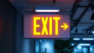 A photograph of a well-lit exit sign emergency light combo installed in a commercial setting