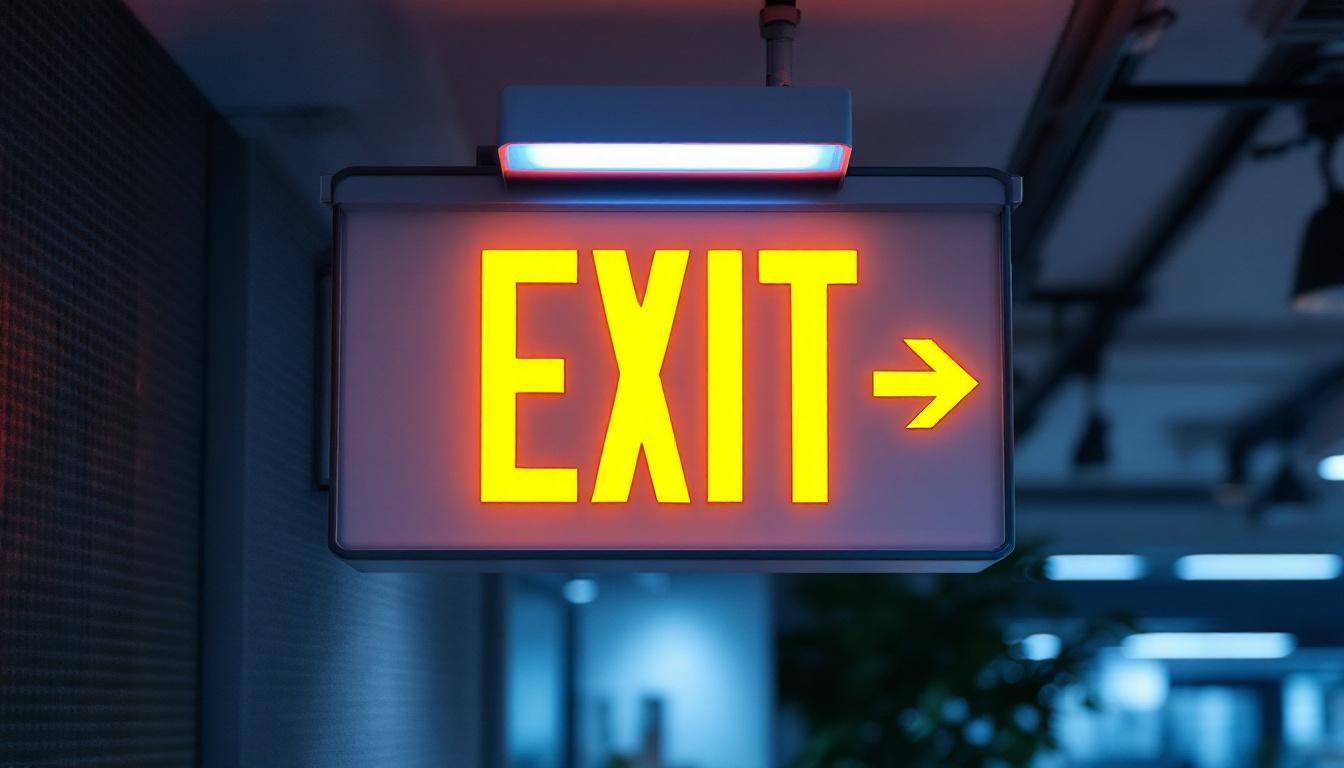 A photograph of a well-lit exit sign emergency light combo installed in a commercial setting