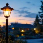 A photograph of a beautifully illuminated outdoor post lamp fixture in a residential setting during twilight