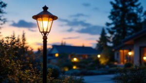 A photograph of a beautifully illuminated outdoor post lamp fixture in a residential setting during twilight