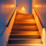 A photograph of a well-lit stairway showcasing various lighting options