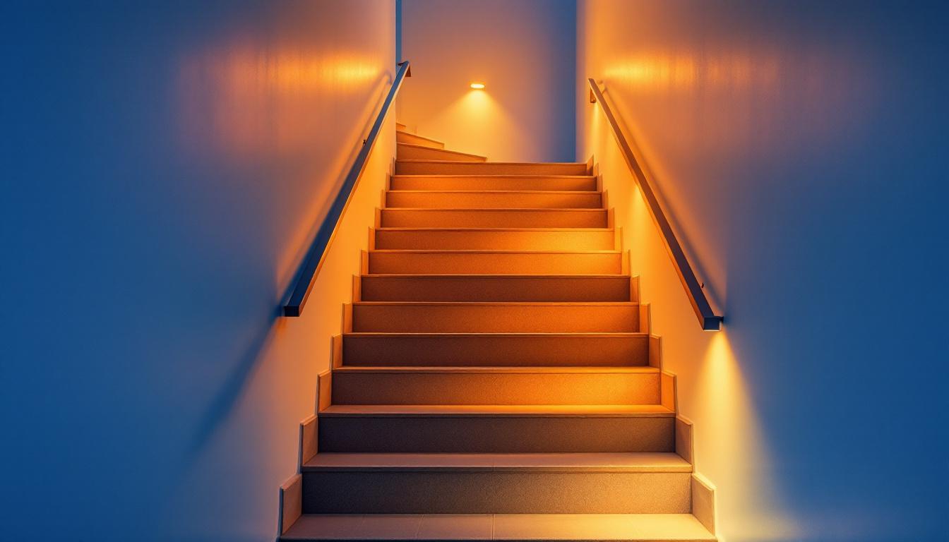 A photograph of a well-lit stairway showcasing various lighting options