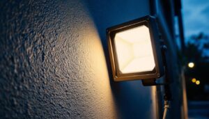 A photograph of a modern floodlight illuminating an outdoor space