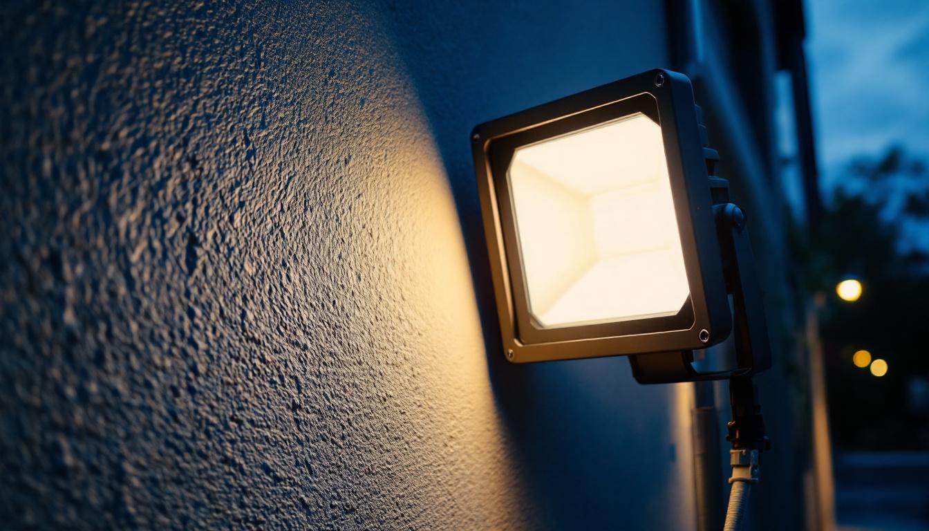 A photograph of a modern floodlight illuminating an outdoor space
