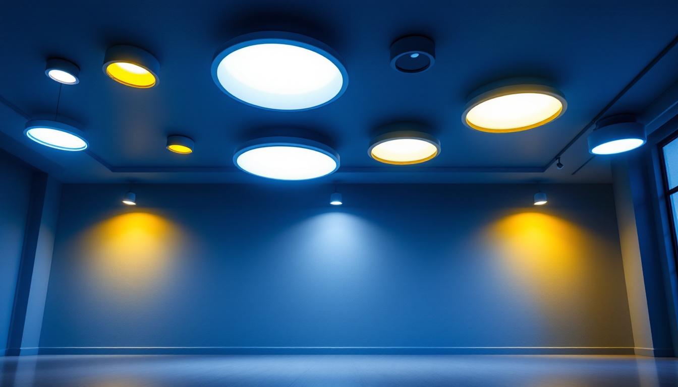 A photograph of a well-lit room showcasing various recessed light fixtures in different sizes and styles
