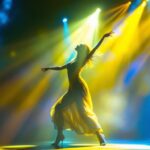 A photograph of a dynamic dance performance illuminated by vibrant stage lighting