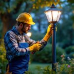 A photograph of a skilled lighting contractor expertly replacing parts on an outdoor lamp post in a well-lit