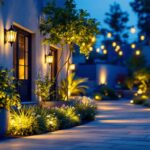 A photograph of a beautifully illuminated outdoor space showcasing various types of exterior lighting fixtures