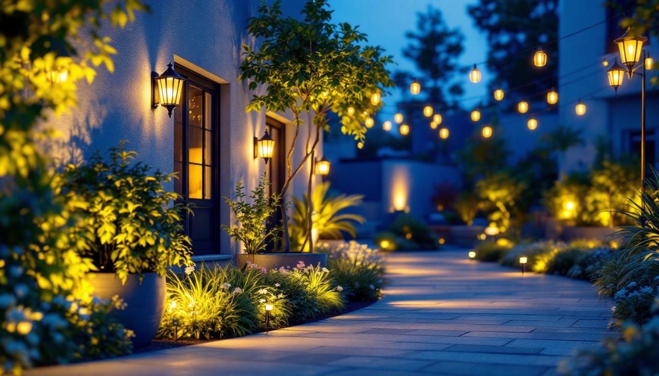 A photograph of a beautifully illuminated outdoor space showcasing various types of exterior lighting fixtures