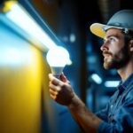 A photograph of a lighting contractor skillfully replacing a fluorescent bulb with an led bulb in a commercial setting