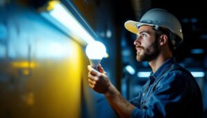 A photograph of a lighting contractor skillfully replacing a fluorescent bulb with an led bulb in a commercial setting