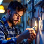 A photograph of a lighting contractor expertly installing or examining modern electrical outlet components
