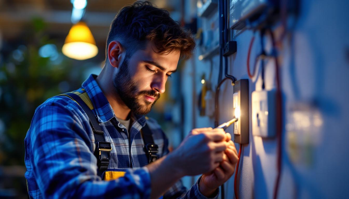 A photograph of a lighting contractor expertly installing or examining modern electrical outlet components