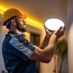 A photograph of a skilled lighting contractor installing or adjusting a sleek 6 led wafer light in a modern residential setting
